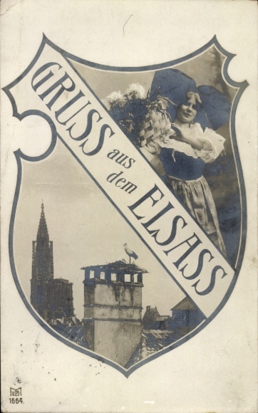Coat of arms Postcard Alsatian woman in traditional costume, flower basket, stork's nest, church
