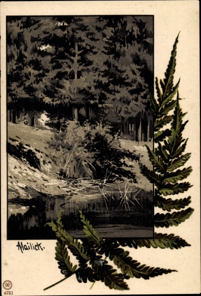 Artist Chromo-Litho Mailick, forest motif, fern, trees