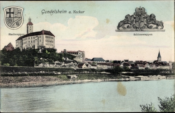 Coat of arms PC Gundelsheim am Neckar Württemberg, view of the town, castle