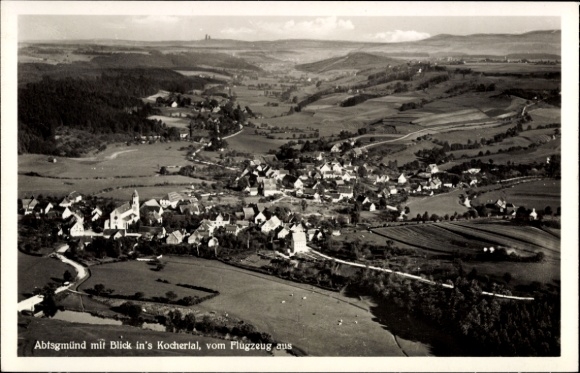Postcard Abtsgmünd Ostalbkreis, aerial view of the Kocheral, church, hamlet