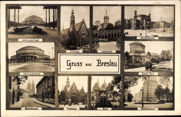 Ak Wrocław Breslau Schlesien, Ring, Rathaus, Jahrhunderthalle, Hauptbahnhof, Postscheckamt