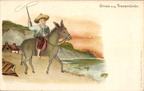 Artist Chromo-Litho Travemünde Lübeck, Boy riding on the donkey on the beach