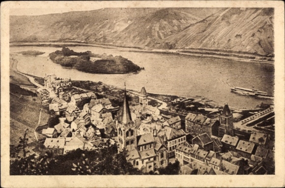 Bacharach am Rhein, view of the Rhine, ships, houses, mountains