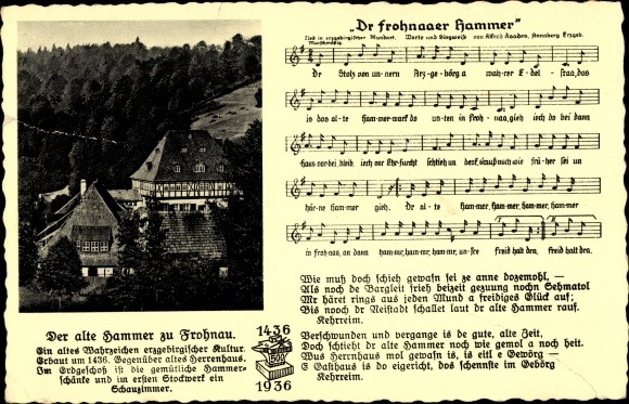 Song Postcard Frohnau Annaberg Buchholz Erzgebirge, Hammer, Hammerschänke, Alfred Kaaden