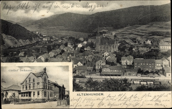 Postcard Altenhundem Lennestadt in the Sauerland, train station, church, Gasthof Beckmann