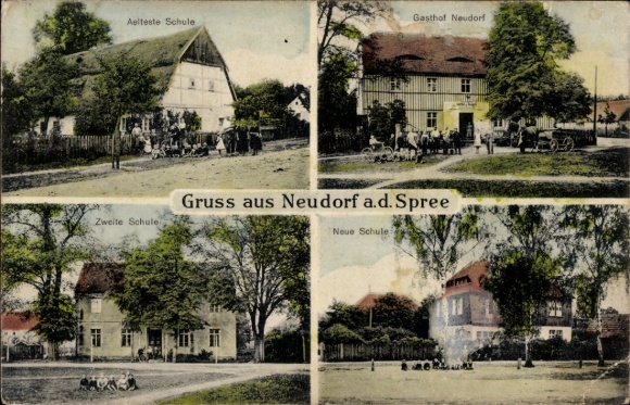 Ak Neudorf an der Spree Malschwitz Oberlausitz, Inn, oudste school, tweede school, nieuwe school