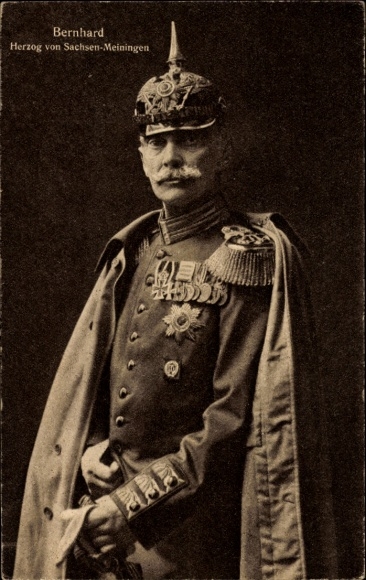 PC Duke Bernhard of Saxe Meiningen, portrait, uniform, spiked helmet, medal, welfare card