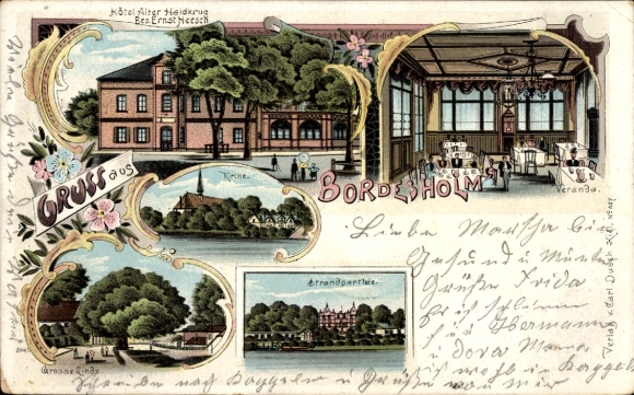 Litho Bordesholm in Holstein, Hotel Alter Heidekrug, Strand, Kirche, Große Linde