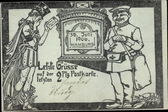 Postal stationery PC Hamburg, last greetings on the last 2Pf. PC, June 30, 1906, Postman