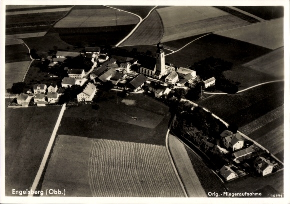 Postcard Engelsberg in Upper Bavaria, aerial view of church, farmhouses, fields