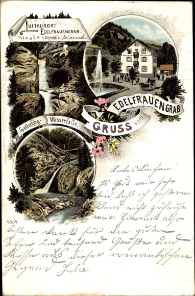 litho Ottenhöfen in het Zwarte Woud, graf van een edelvrouw, Gottschlag-watervallen