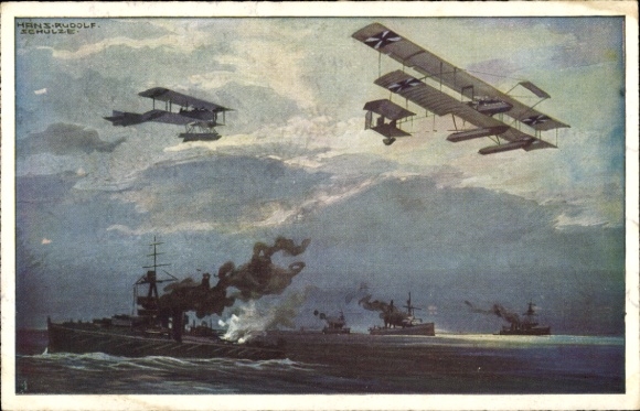 Artist Postcard Schulze, Hans Rudolf, Seaplanes over the English Fleet, World War I