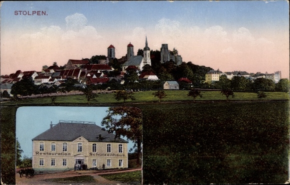 Postcard Stolpen in Saxony, restaurant Schützenhaus, panorama
