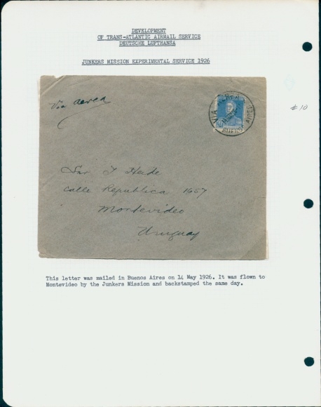 Letter Airmail Deutsche Lufthansa, Transatlantic, Junkers Mission Experimental Service 1926