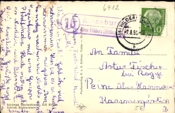 Country postmark Milseburg over Hilder's Rhön Mountains, August 7th, 1955 on PC