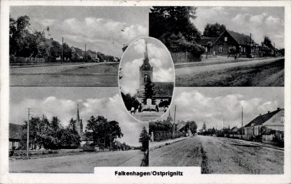Postcard Falkenhagen Pritzwalk in the Prignitz, street, church