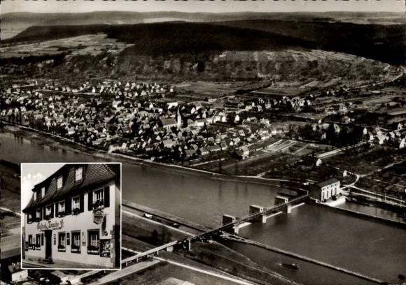 Postcard Kleinwallstadt in Lower Franconia, Gasthaus Zur Traube, panorama, bridge