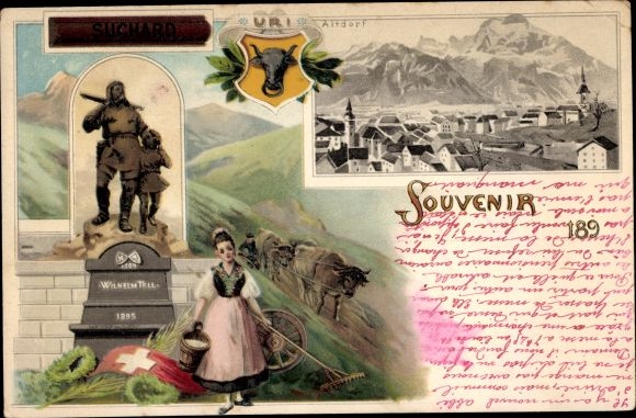 litho Altdorf Kt. Uri, Tell-monument, vrouw in kostuum, uitzicht op de stad, advertentie Suchard