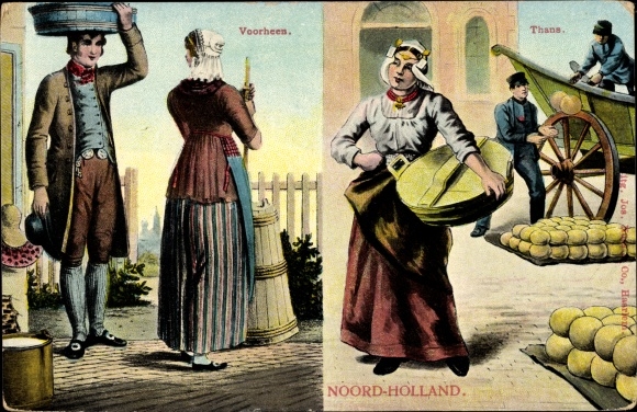 Postcard North Holland Netherlands, folk costumes, cheese carrier
