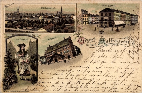 Litho Mulhouse Mülhausen Elsass Haut Rhin, Neu-Quartier, Tracht, Rathaus, Panorama