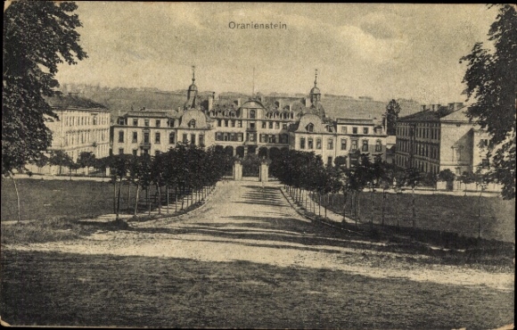 Ak Diez an der Lahn, Schloss Oranienstein, Darstellung von  Schlossanlage, Park mit Bäumen, Weg.