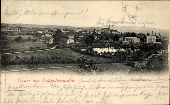 Postcard Dippoldiswalde in the Ore Mountains, bird's eye view of landscape, buildings, lake