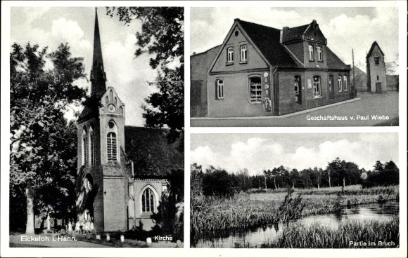 Postcard Eickeloh in Lower Saxony, church, commercial building, lot in the break