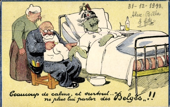 Embossed Postcard caricature, Kaiser Wilhelm II, sickbed, doctor, Don't talk to him about Belgium