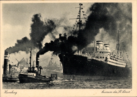 Postcard Hamburg, departure of the HAPAG express steamer St. Louis, tug Moorwärder