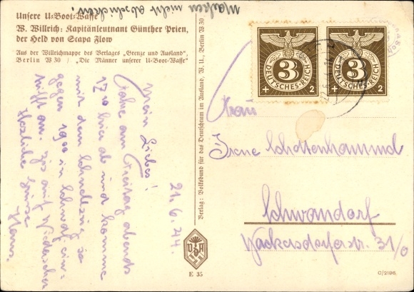 Artist Postcard Willrich, Wolfgang, Lieutenant Commander Günther Prien, Knight's Cross holder, VDA 1 5 2