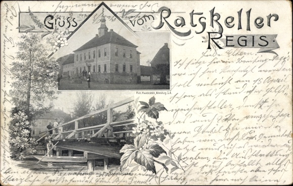 Postcard Regis in Saxony, town hall, bridge