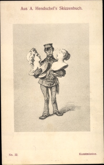Kunstenaarskaart Hendschel, Albert, kunstmissie, man in uniform met borstbeelden