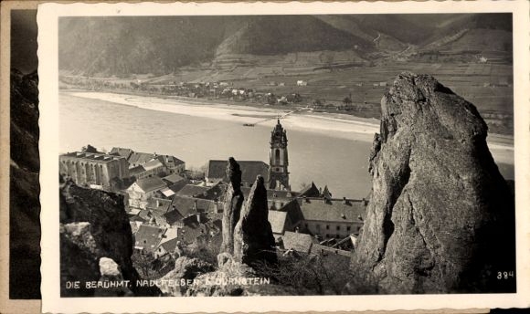 Postcard Lago di Carezza Karersee South Tyrol, view of Nadefels, river, mountains, Christomanos monument