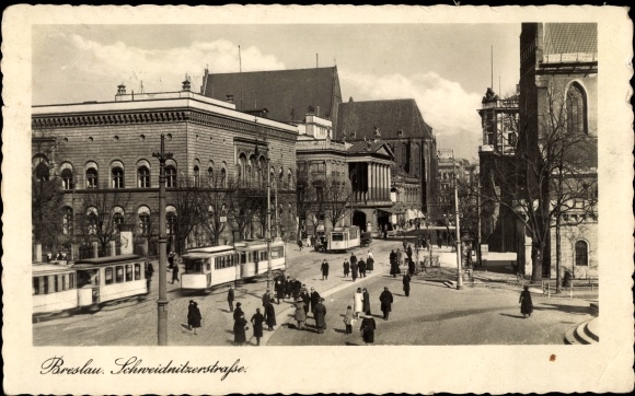 Postcard Breslau (Wrocław) in Schlesien, Schweidnitzer Straße, tram