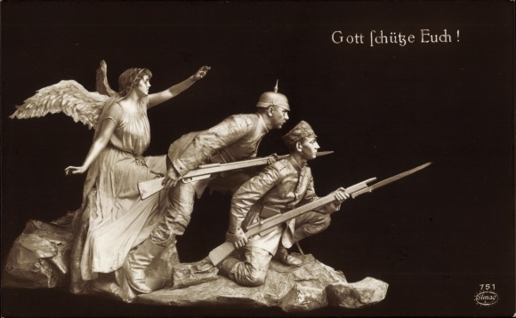 Postcard God protect you, angel, German and KuK soldier, humanized plastic, I WK