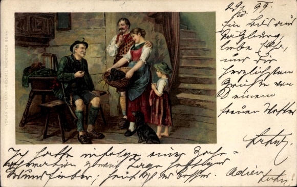 Litho Deutschland, Familienbild, Alter Mann erzählt Geschichten, Wohnstube, Hund