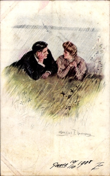 Kunstenaarskaart Underwood, Clarence, geliefden in een weiland, Munk 389