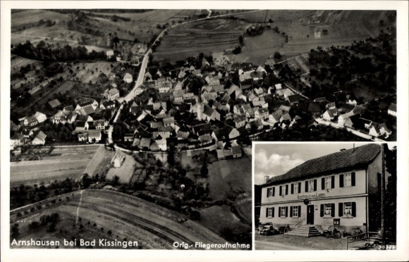 Postcard Arnshausen Bad Kissingen Lower Franconia Bavaria, aerial view of the village, Gasthaus zum Gamm, beautiful