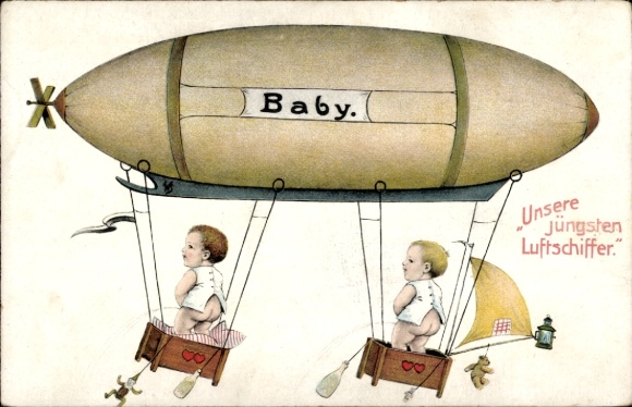 Ak Unsere jüngsten Luftschiffer, Pinkelnde Jungen, Zeppelinfahrt