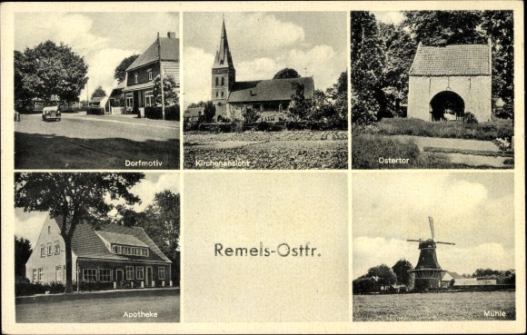 Postcard Remels Uplengen in Ostfriesland, Dopfmotiv, windmill, pharmacy, church, Ostertor