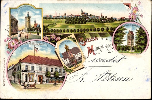 Litho Müncheberg im Kreis Märkisch Oderland, Hotel zur Stadt Berlin, W. Bober, Kriegerdenkmal, Turm