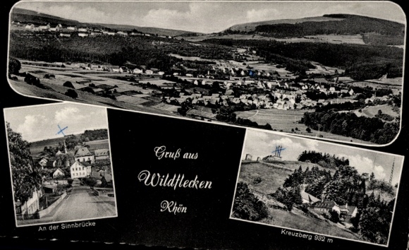 Ak Wildflecken in de Rhön Neder-Franken, panorama, Sinnbrücke, Kreuzberg