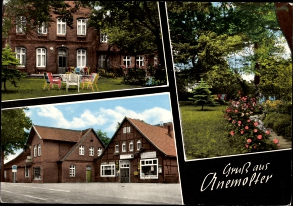Postcard Anemolter Stolzenau on the Weser, front view of buildings, garden, table with chairs, nature