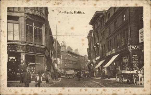 Postcard Halifax Yorkshire England, Northgate, street, shops, people, horse-drawn carriage