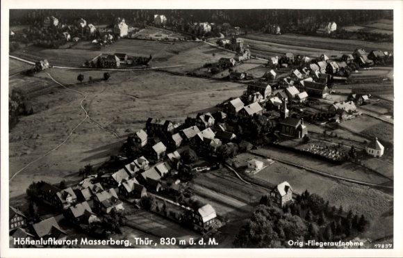 Postcard Masserberg in Thuringia, aerial photograph, Thuringia, 830 m above sea level, real photo