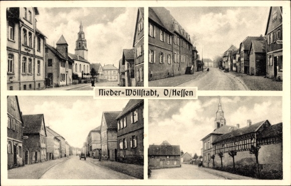 Postcard Nieder Wöllstadt in Hesse, street areas, commercial buildings, church, inn Zum Gambrinus