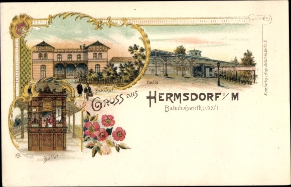 Chromo-Litho Berlin Reinickendorf Hermsdorf, Hermsdorf in der Mark, train station, station economy, buffet