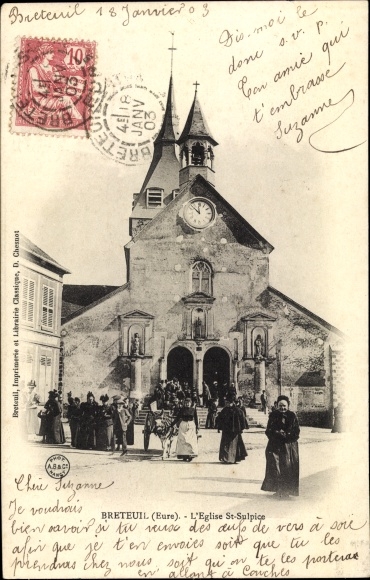 Postcard Breteuil Eure, Saint Sulpice Church, woman in costume