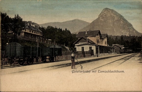 Postcard Gstatterboden Weng im Gesäuse Styria, train station with Tamischbach tower