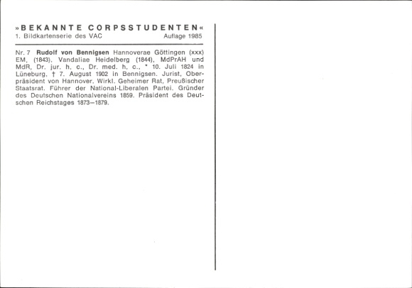 Studentika Postcard Famous Corps Students, VAC, Rudolf von Bennigsen 1843, Hannoverae Göttingen
